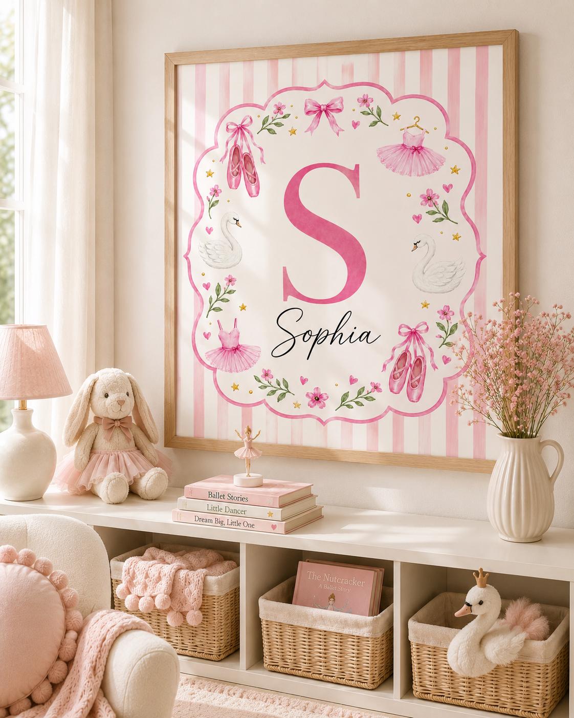 Personalized Ballet Nursery Print, Custom Girl Name Wall Art, Pink Swan Nursery Decor, Ballerina Digital Download Baby Gift