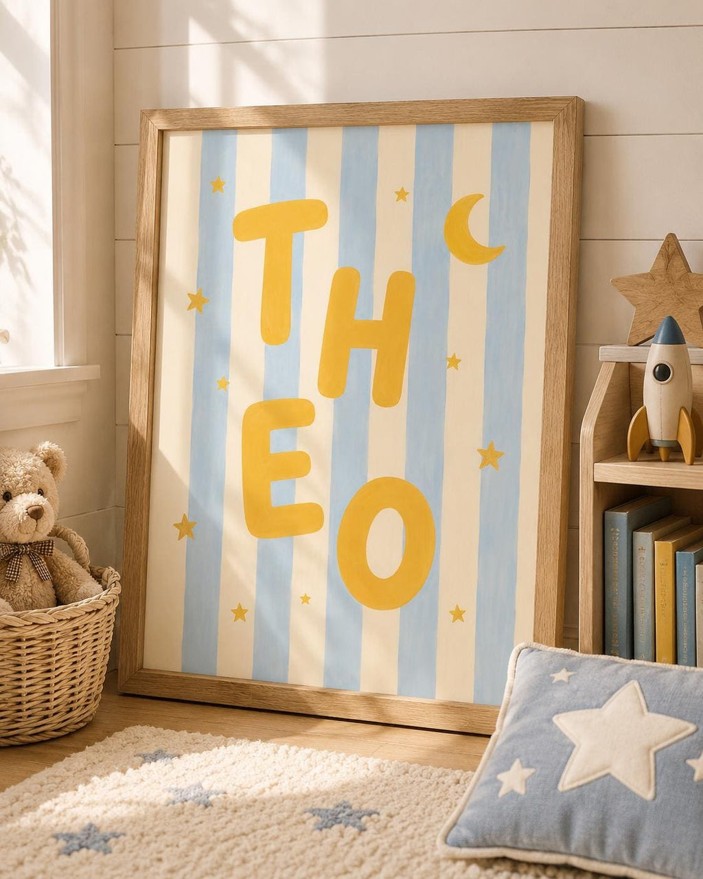 Personalized Boy Name Nursery Print, Custom Blue Striped Wall Art, Moon & Stars Nursery Decor, Digital Download Baby Gift