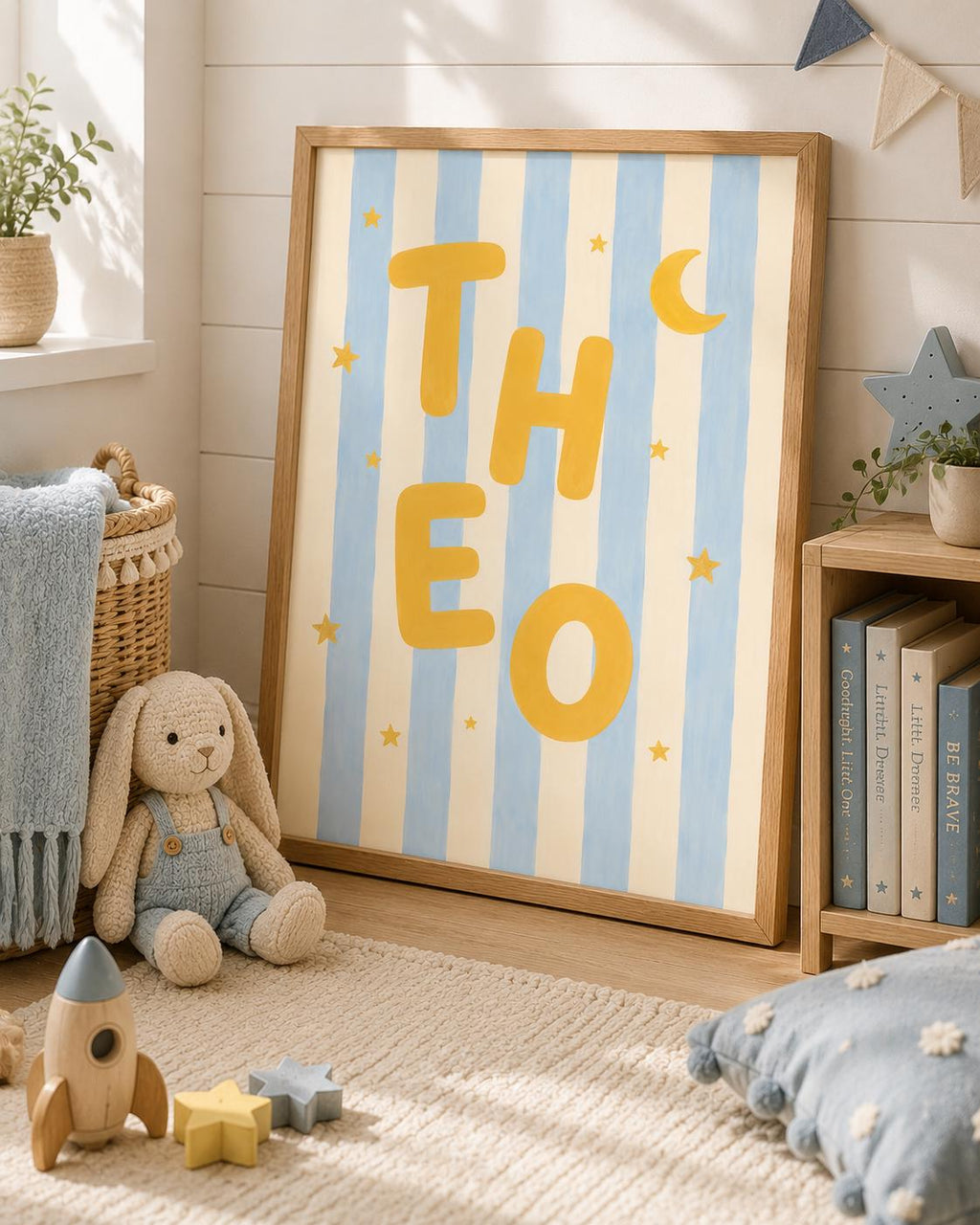 Personalized Boy Name Nursery Print, Custom Blue Striped Wall Art, Moon & Stars Nursery Decor, Digital Download Baby Gift