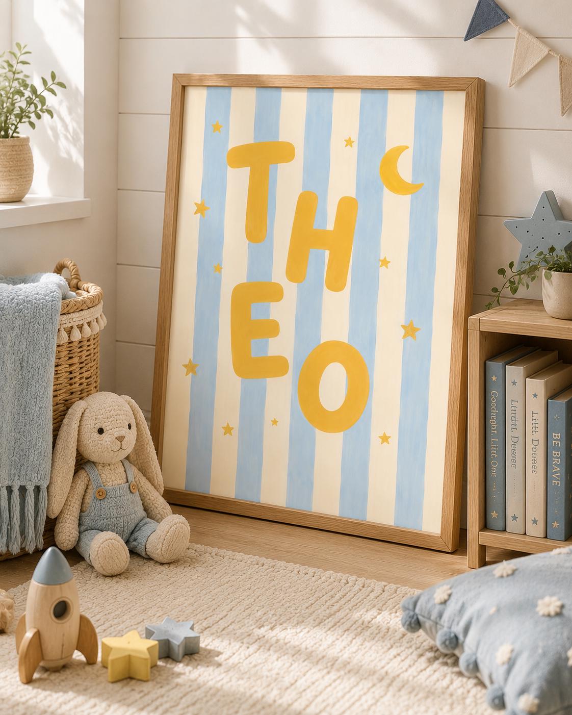 Personalized Boy Name Nursery Print, Custom Blue Striped Wall Art, Moon & Stars Nursery Decor, Digital Download Baby Gift