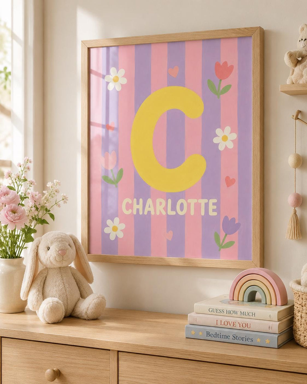 Personalized Initial Nursery Print, Custom Girl Name Wall Art, Pink & Purple Nursery Decor, Floral Digital Download Baby Gift