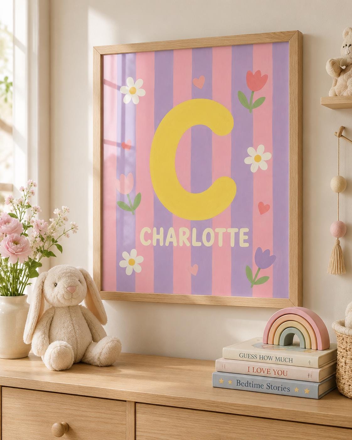 Personalized Initial Nursery Print, Custom Girl Name Wall Art, Pink & Purple Nursery Decor, Floral Digital Download Baby Gift