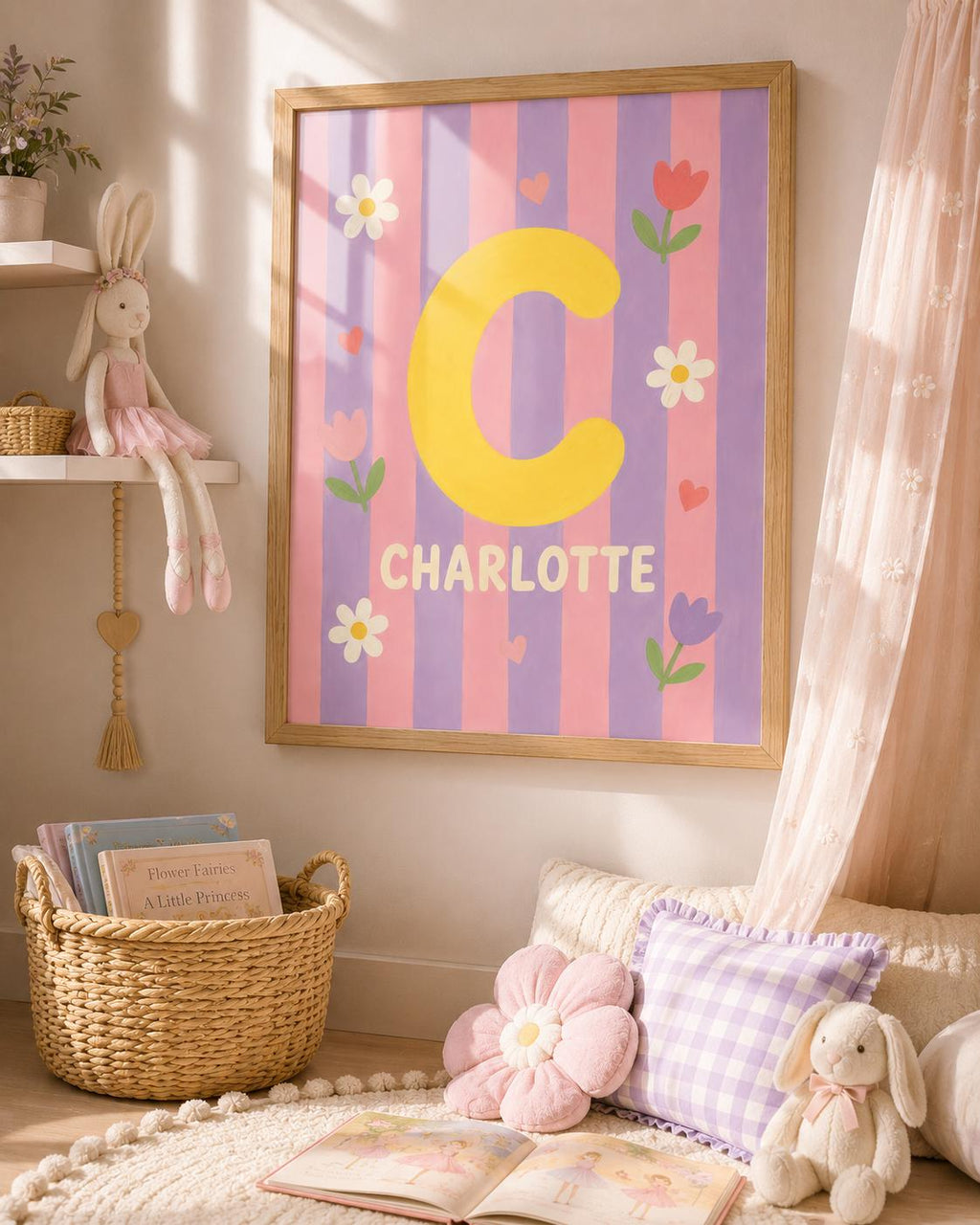 Personalized Initial Nursery Print, Custom Girl Name Wall Art, Pink & Purple Nursery Decor, Floral Digital Download Baby Gift