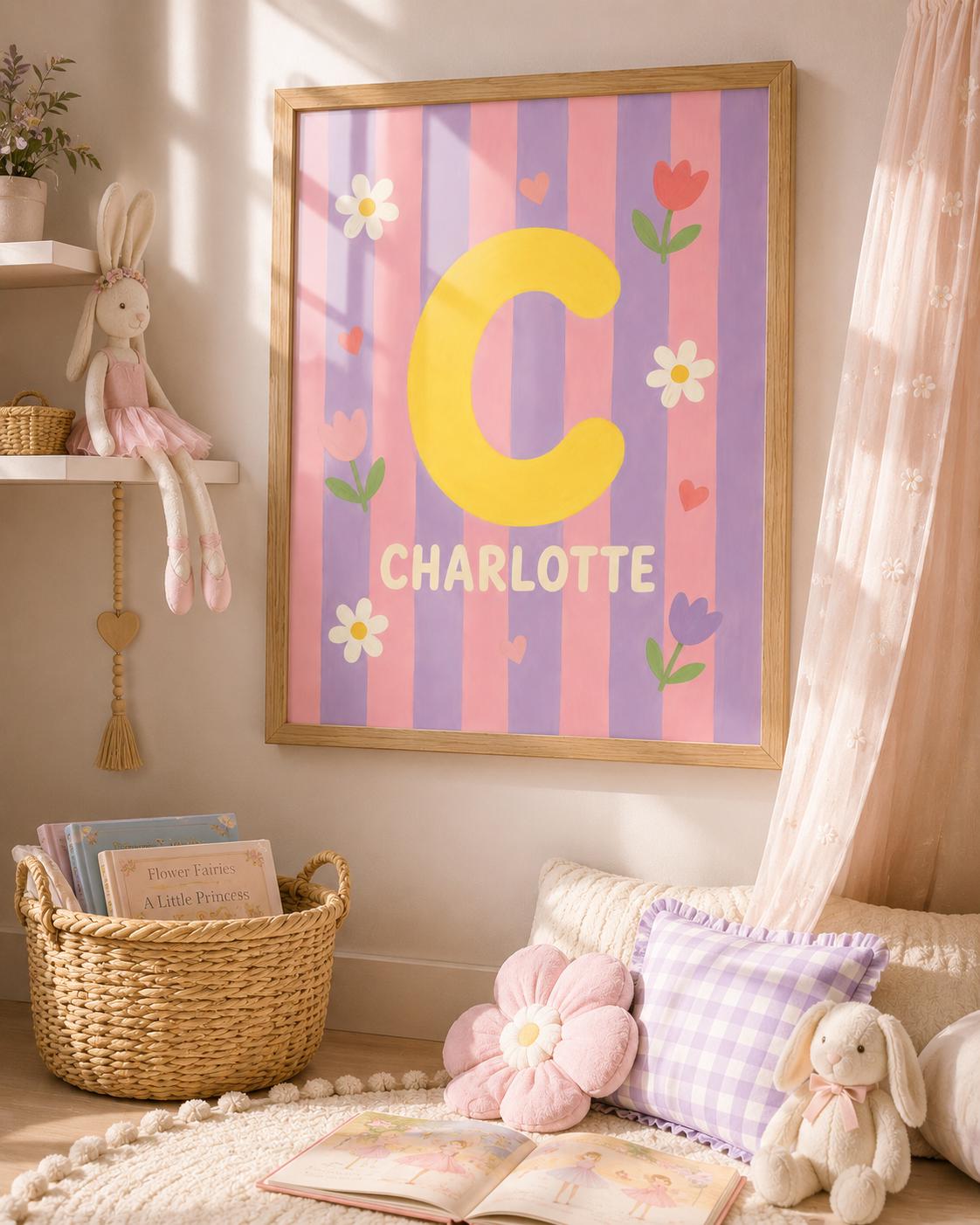 Personalized Initial Nursery Print, Custom Girl Name Wall Art, Pink & Purple Nursery Decor, Floral Digital Download Baby Gift