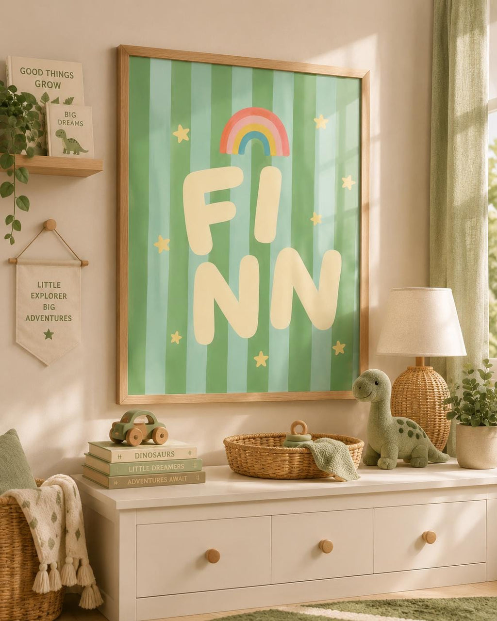Personalized Rainbow Nursery Print, Custom Boy Name Wall Art, Green Nursery Decor, Modern Initial Digital Download Baby Gift