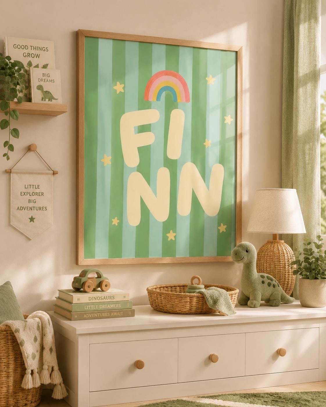 Personalized Rainbow Nursery Print, Custom Boy Name Wall Art, Green Nursery Decor, Modern Initial Digital Download Baby Gift