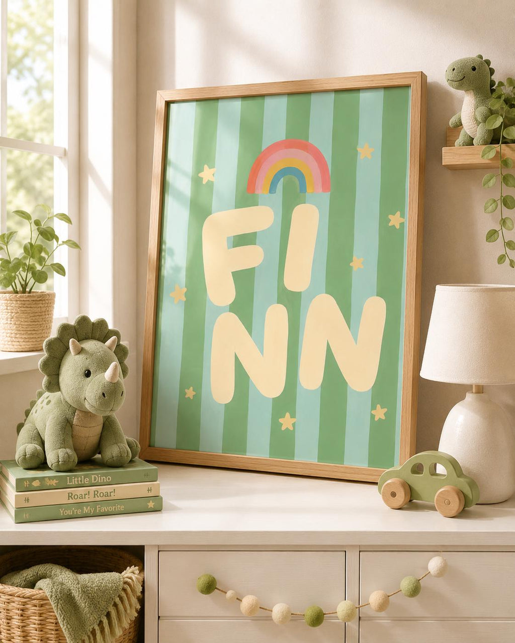 Personalized Rainbow Nursery Print, Custom Boy Name Wall Art, Green Nursery Decor, Modern Initial Digital Download Baby Gift