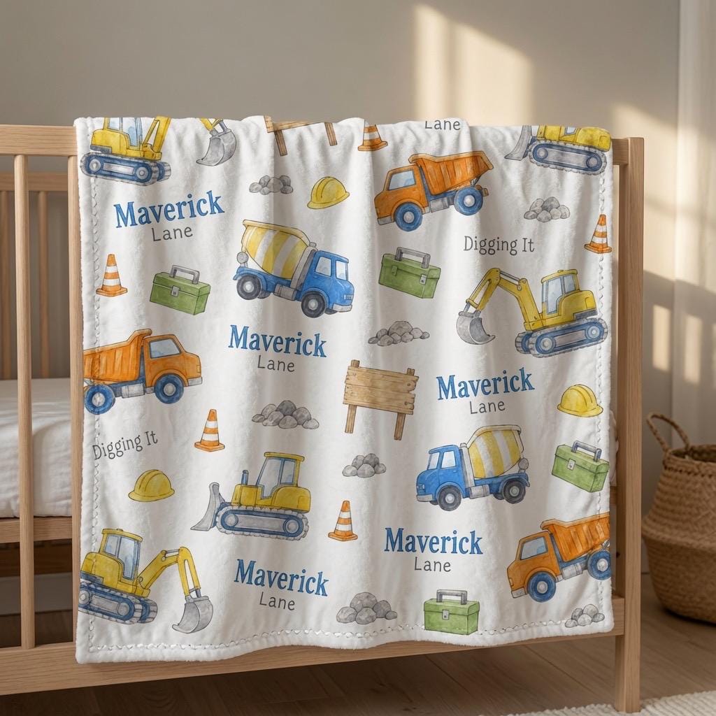 Personalized Construction Baby Blanket, Custom Name Construction Truck Blanket, Excavator Minky Blanket, Dump Truck Baby Boy 