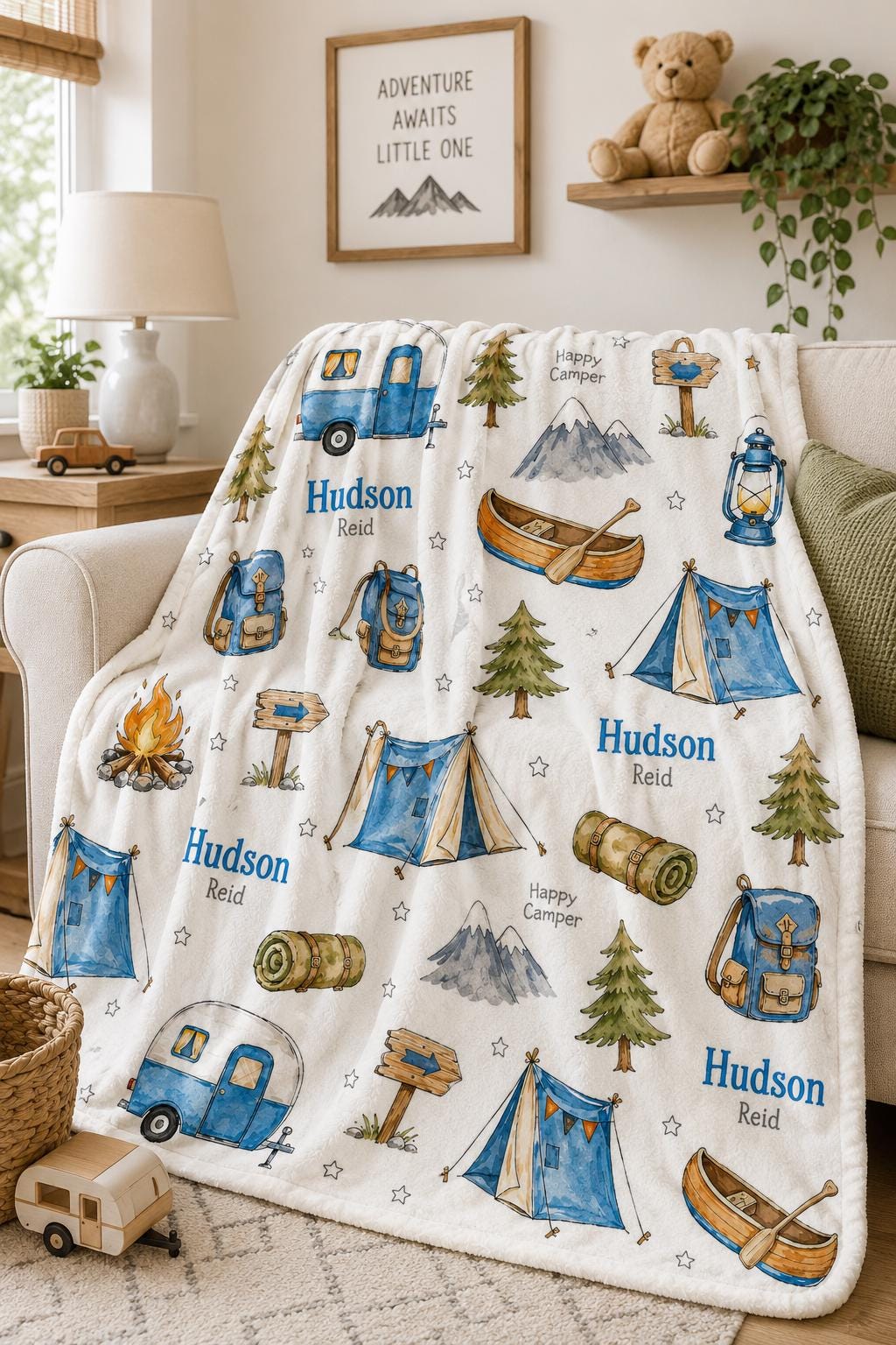 Personalized Camping Baby Blanket, Custom Name Happy Camper Blanket, Adventure Minky Blanket, Mountain Nursery Decor, Baby Bo