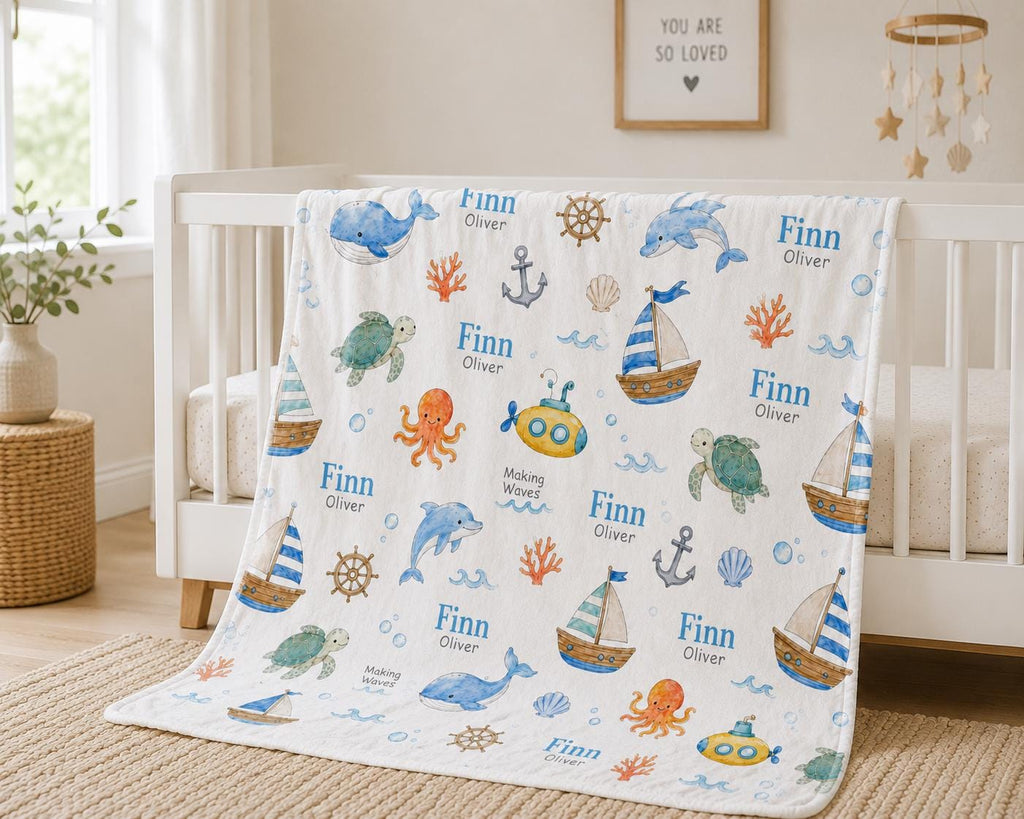 Personalized Ocean Baby Blanket, Custom Name Nautical Baby Blanket, Whale Turtle Dolphin Blanket, Sea Animal Minky Blanket, B