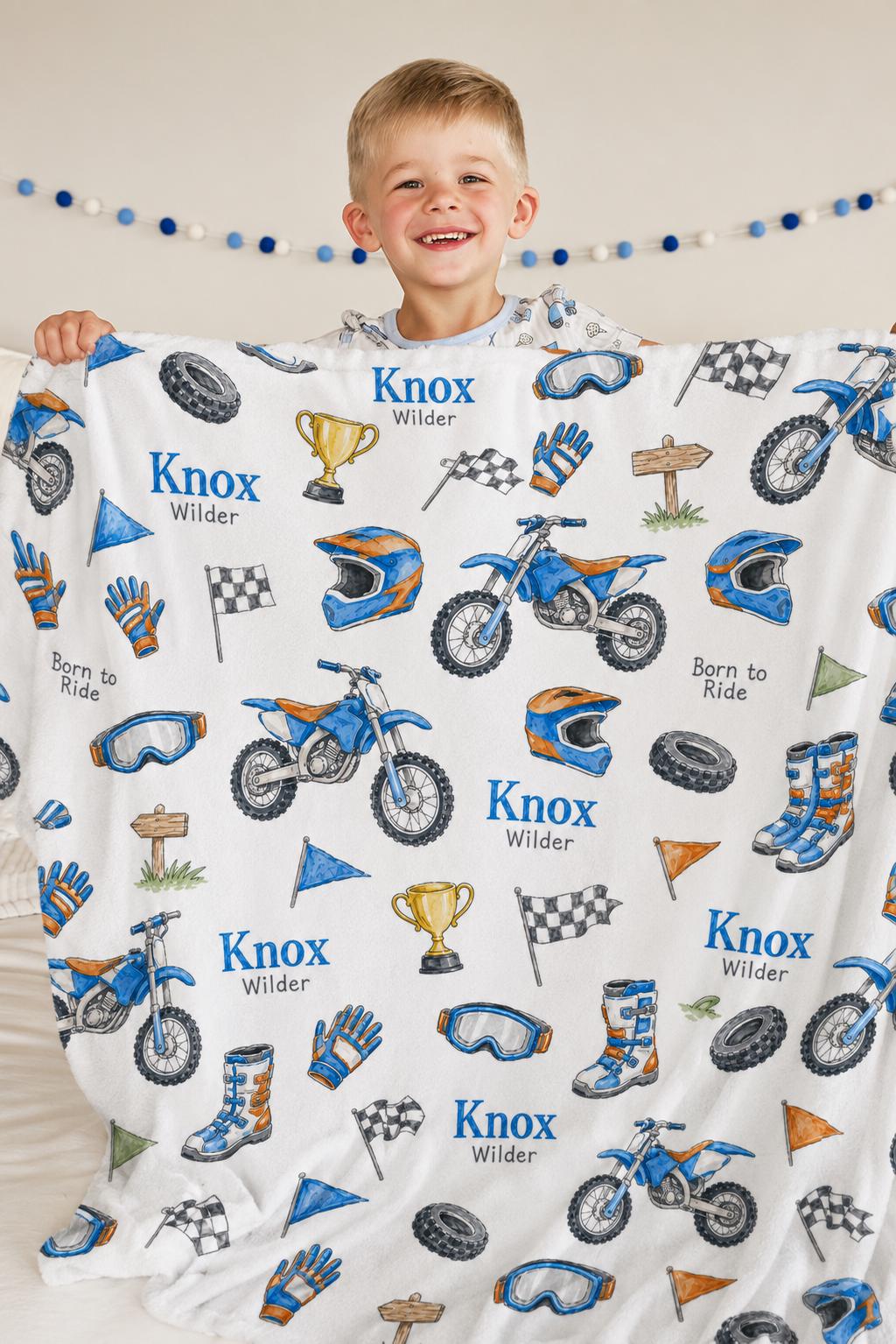 Personalized Dirt Bike Baby Blanket, Custom Motocross Blanket, Dirt Bike Nursery Blanket, Born to Ride Baby Gift, Motorcycle 