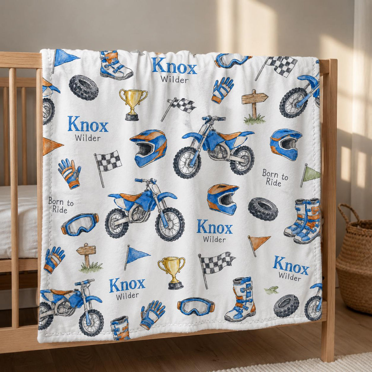 Personalized Dirt Bike Baby Blanket, Custom Motocross Blanket, Dirt Bike Nursery Blanket, Born to Ride Baby Gift, Motorcycle 