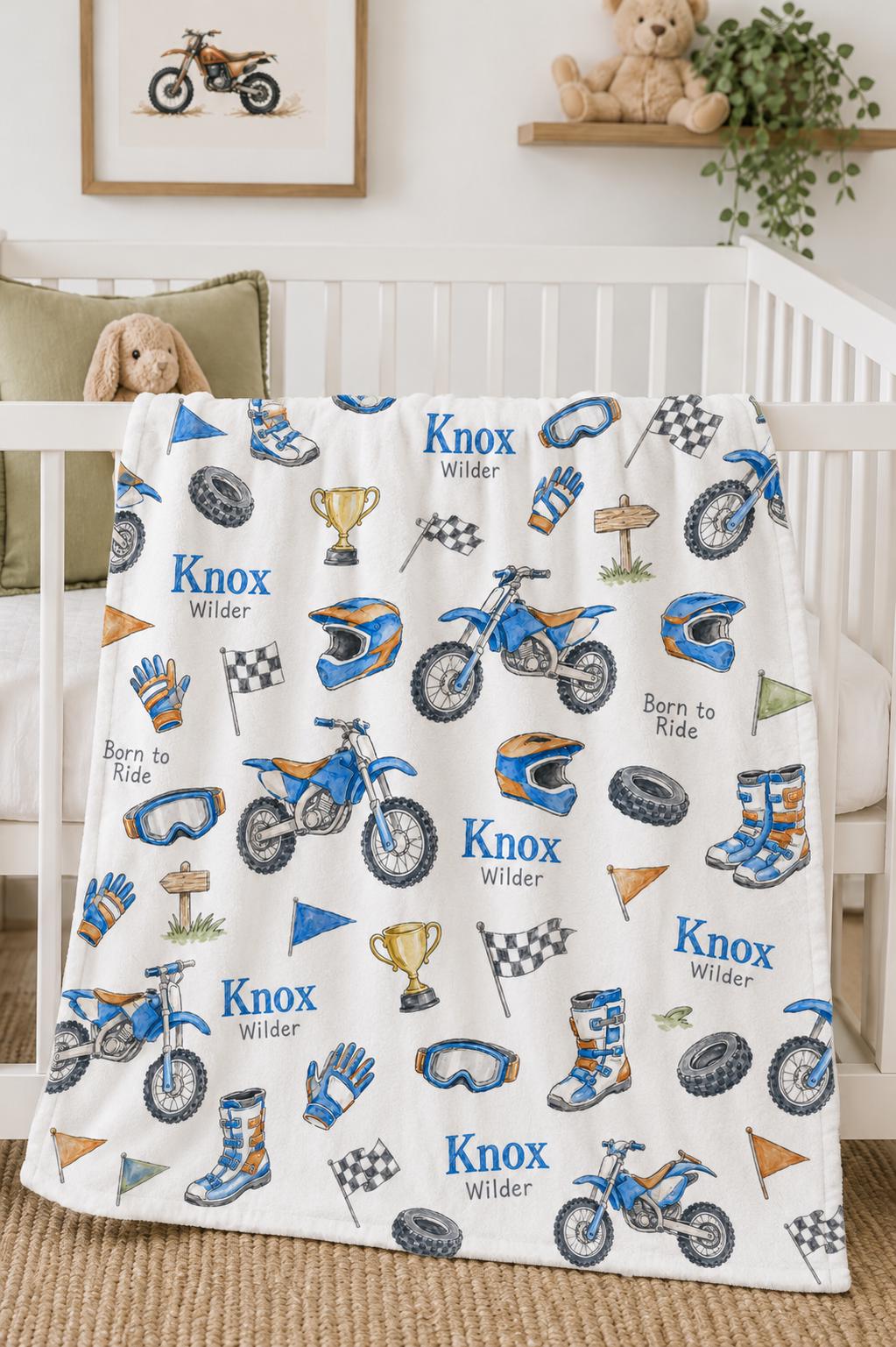 Personalized Dirt Bike Baby Blanket, Custom Motocross Blanket, Dirt Bike Nursery Blanket, Born to Ride Baby Gift, Motorcycle 