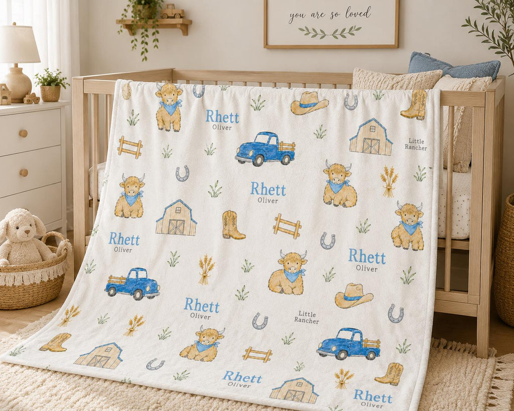 Personalized Highland Cow Baby Blanket, Custom Farm Baby Blanket, Western Nursery Blanket, Highland Cow Minky Blanket, Little
