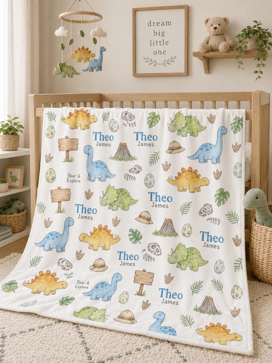 Personalized Dinosaur Baby Blanket, Custom Dino Baby Blanket, Dinosaur Nursery Blanket, Roar & Explore Minky Blanket, Baby Bo