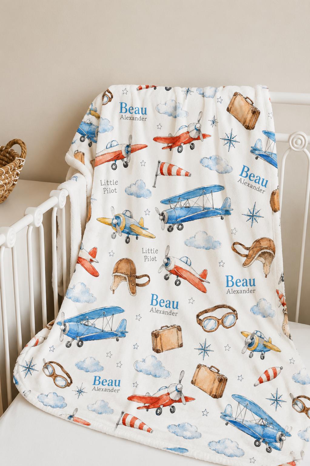 Personalized Airplane Baby Blanket, Custom Pilot Baby Blanket, Aviation Nursery Blanket, Vintage Airplane Minky Blanket, Litt