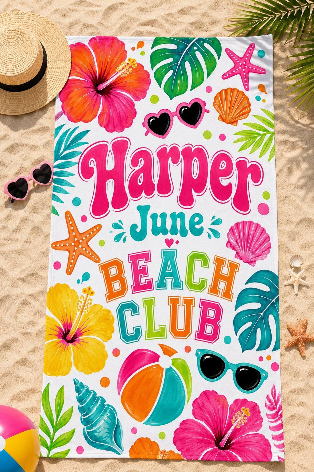 Personalized Kids Beach Towel with Name, Colorful Tropical Beach Club Towel, Custom Girls Pool Towel, Summer Birthday Gift