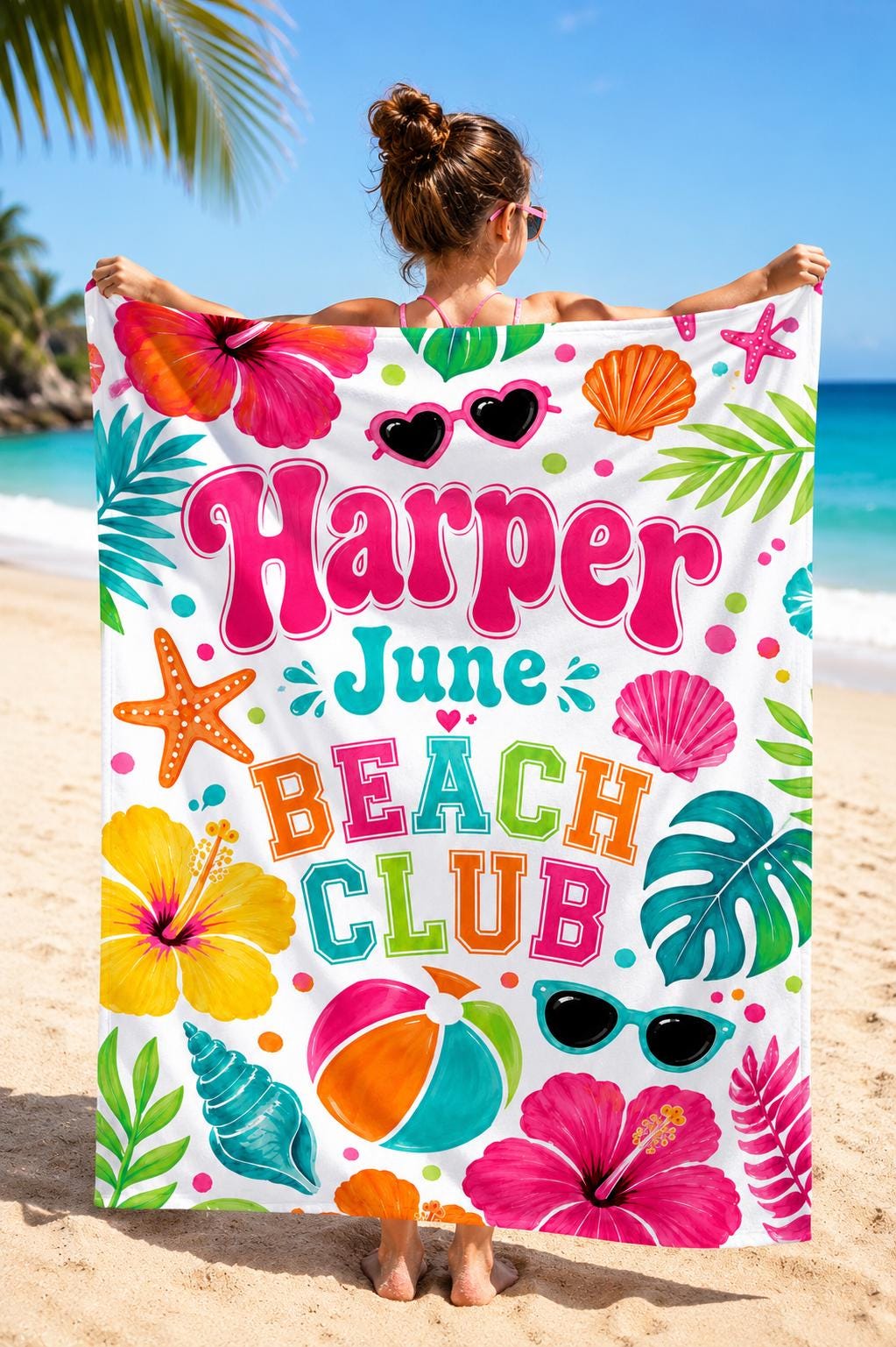 Personalized Kids Beach Towel with Name, Colorful Tropical Beach Club Towel, Custom Girls Pool Towel, Summer Birthday Gift