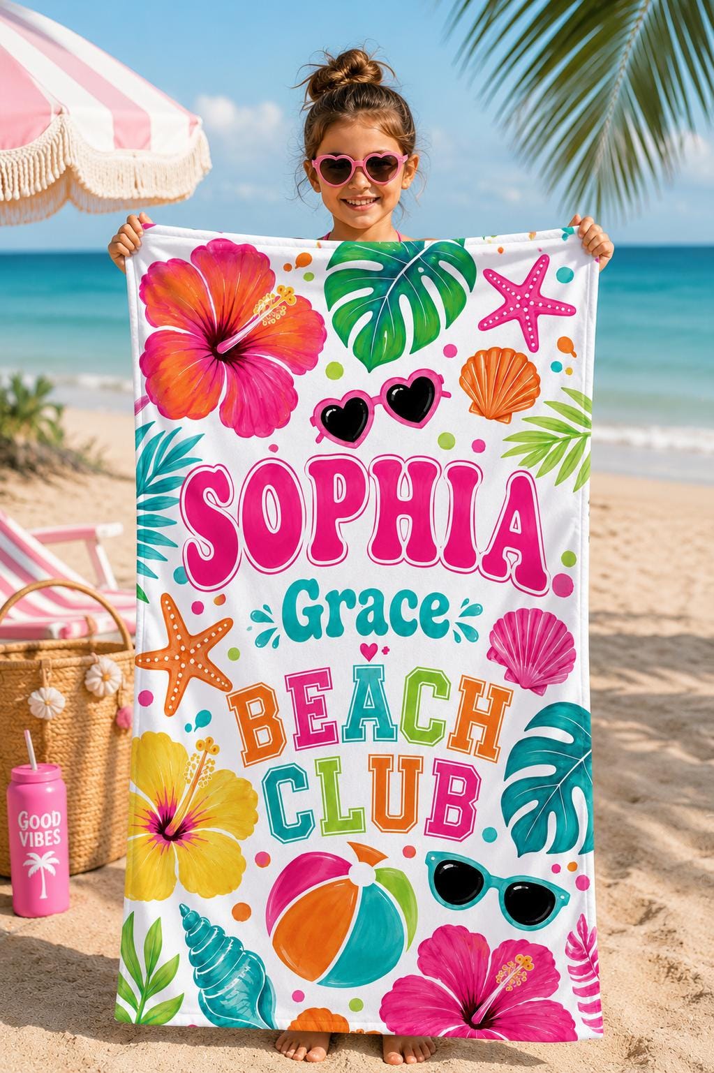 Personalized Kids Beach Towel with Name, Colorful Tropical Beach Club Towel, Custom Girls Pool Towel, Summer Birthday Gift
