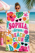 Personalized Kids Beach Towel with Name, Colorful Tropical Beach Club Towel, Custom Girls Pool Towel, Summer Birthday Gift