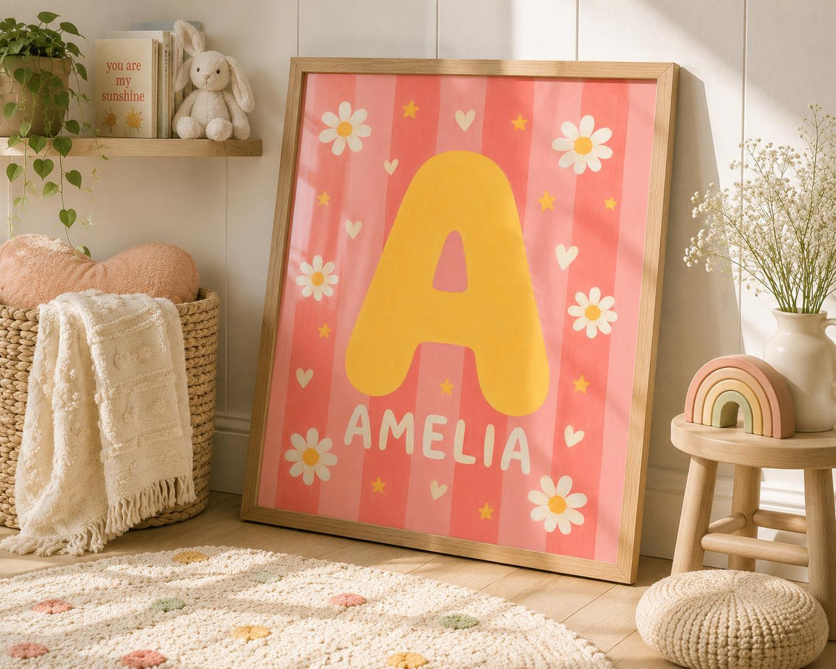 Personalized Daisy Nursery Print, Custom Girl Name Wall Art, Retro Floral Initial Decor, Pink Digital Download Baby Gift