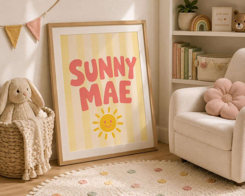 Personalized Girl Name Wall Art, Retro Sunshine Nursery Decor, Custom Digital Download Baby Gift