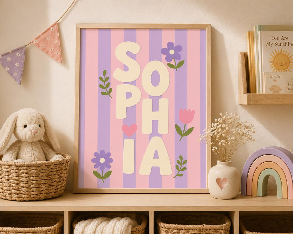 Personalized Girl Name Nursery Print, Custom Pink & Purple Wall Art, Retro Floral Nursery Decor, Digital Download Baby Gift