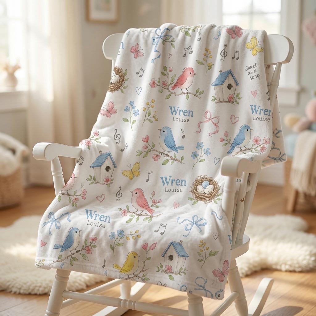 Personalized Bird Baby Blanket, Custom Baby Girl Blanket, Bluebird Nursery Blanket, Spring Bird Minky Blanket, Floral Baby Sh