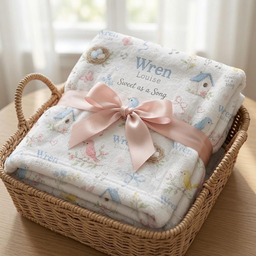 Personalized Bird Baby Blanket, Custom Baby Girl Blanket, Bluebird Nursery Blanket, Spring Bird Minky Blanket, Floral Baby Sh