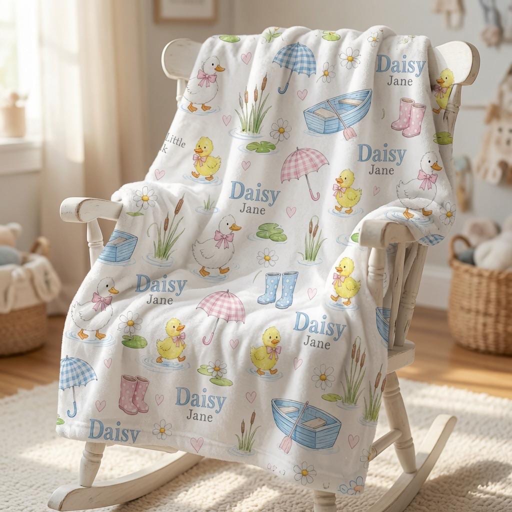 Personalized Duck Baby Blanket, Custom Baby Girl Blanket, Duckling Nursery Blanket, Spring Pond Minky Blanket, Baby Shower Gi
