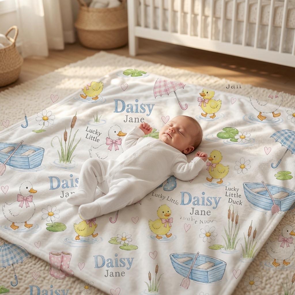 Personalized Duck Baby Blanket, Custom Baby Girl Blanket, Duckling Nursery Blanket, Spring Pond Minky Blanket, Baby Shower Gi