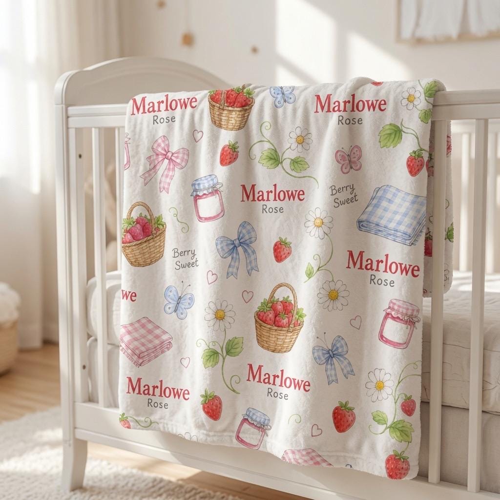 Personalized Strawberry Baby Blanket, Custom Baby Girl Blanket, Berry Sweet Nursery Blanket, Cottagecore Minky Blanket, Baby 