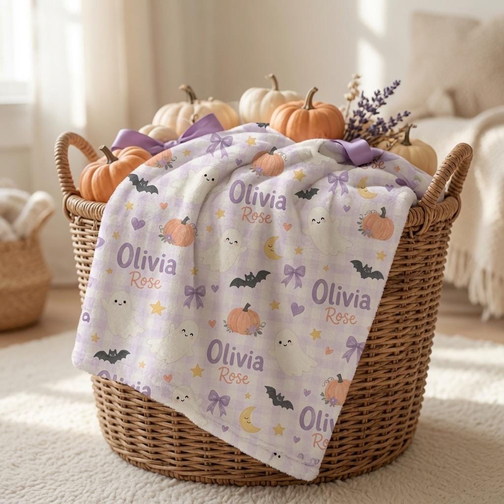 Personalized Halloween Baby Blanket, Custom Ghost Baby Blanket, Cute Halloween Nursery Blanket, Personalized Pumpkin Baby Gif