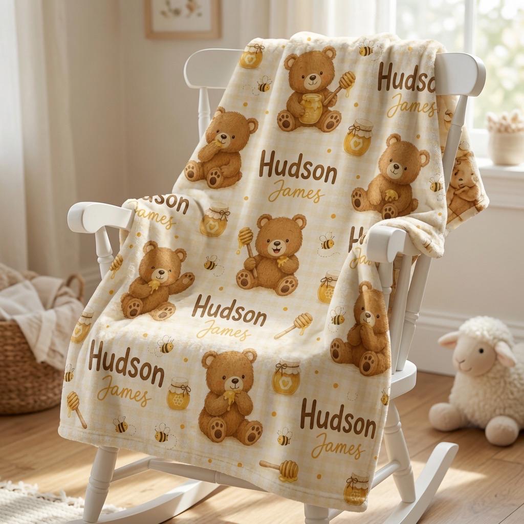 Personalized Teddy Bear Baby Blanket, Custom Baby Name Blanket, Honey Bear Nursery Blanket, Personalized Boy Blanket, Bear Ba