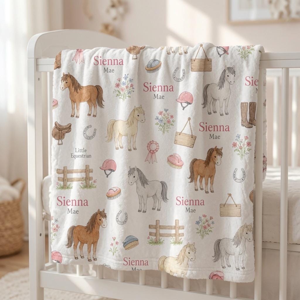 Personalized Horse Baby Blanket, Custom Pony Baby Blanket, Equestrian Nursery Blanket, Little Equestrian Minky Blanket, Horse