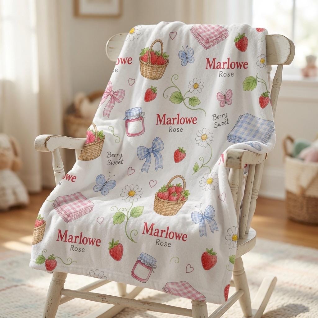 Personalized Strawberry Baby Blanket, Custom Baby Girl Blanket, Berry Sweet Nursery Blanket, Cottagecore Minky Blanket, Baby 