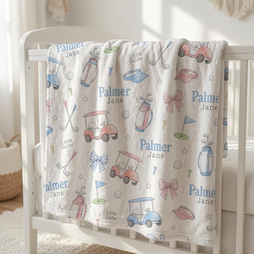 Personalized Golf Baby Blanket, Custom Little Golfer Blanket, Baby Girl Golf Nursery Blanket, Golf Cart Minky Blanket, Baby S