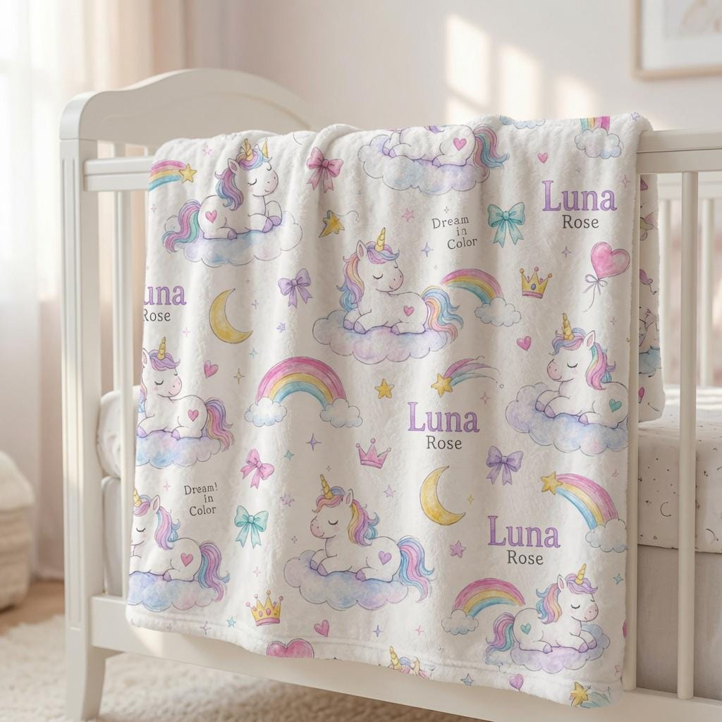 Personalized Unicorn Baby Blanket, Custom Baby Girl Blanket, Rainbow Unicorn Minky Blanket, Dream in Color Nursery Blanket, B