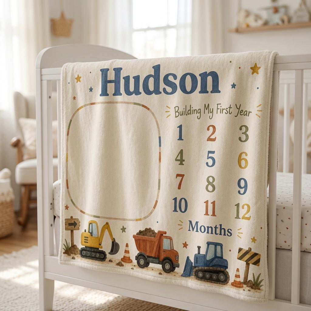 Personalized Construction Milestone Blanket, Custom Baby Milestone Blanket, Construction Baby Blanket, Monthly Milestone Phot