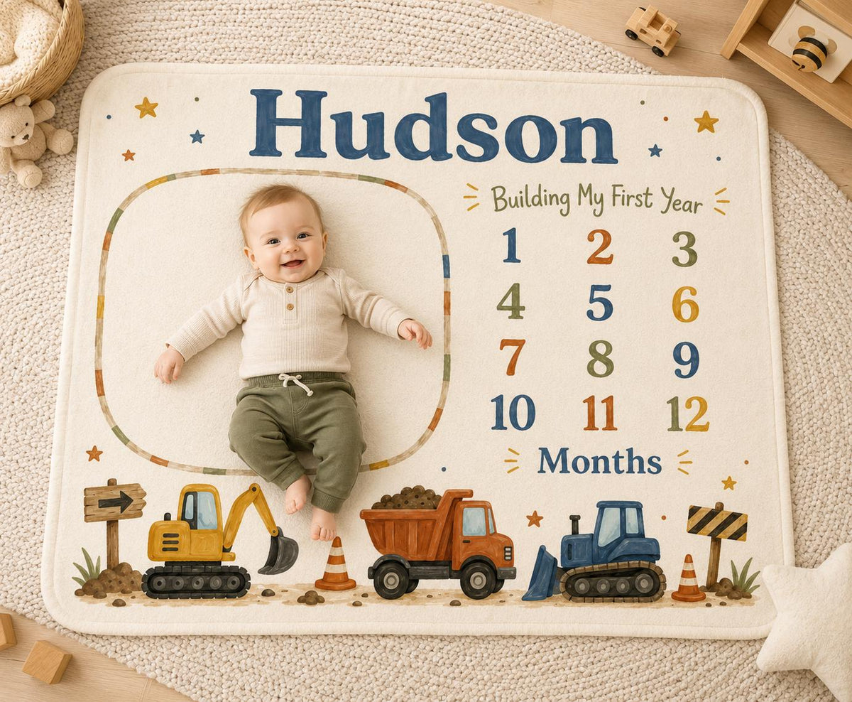 Personalized Construction Milestone Blanket, Custom Baby Milestone Blanket, Construction Baby Blanket, Monthly Milestone Phot