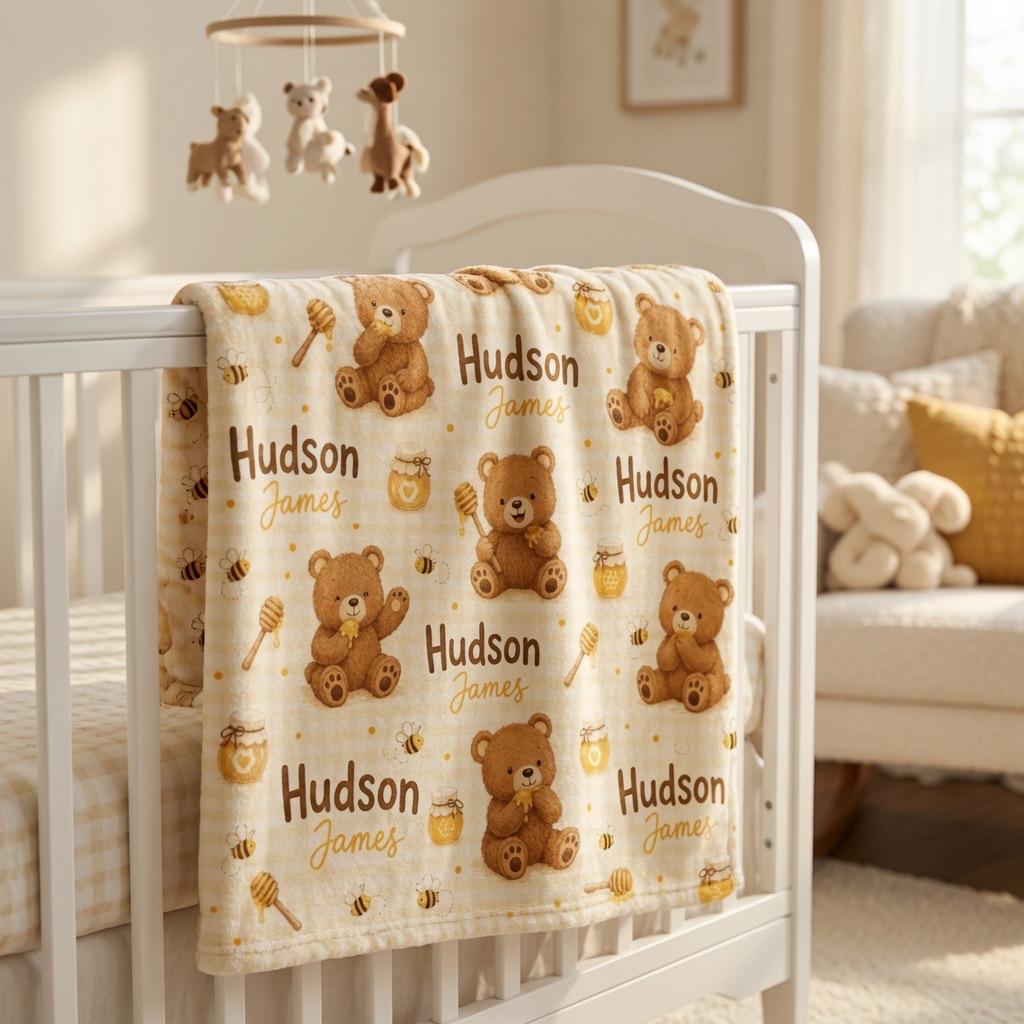 Personalized Teddy Bear Baby Blanket, Custom Baby Name Blanket, Honey Bear Nursery Blanket, Personalized Boy Blanket, Bear Ba