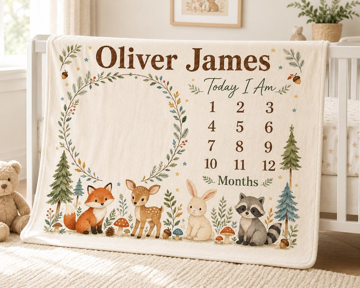 Personalized Woodland Milestone Blanket, Custom Baby Milestone Blanket, Woodland Animal Baby Blanket, Monthly Baby Photo Blan