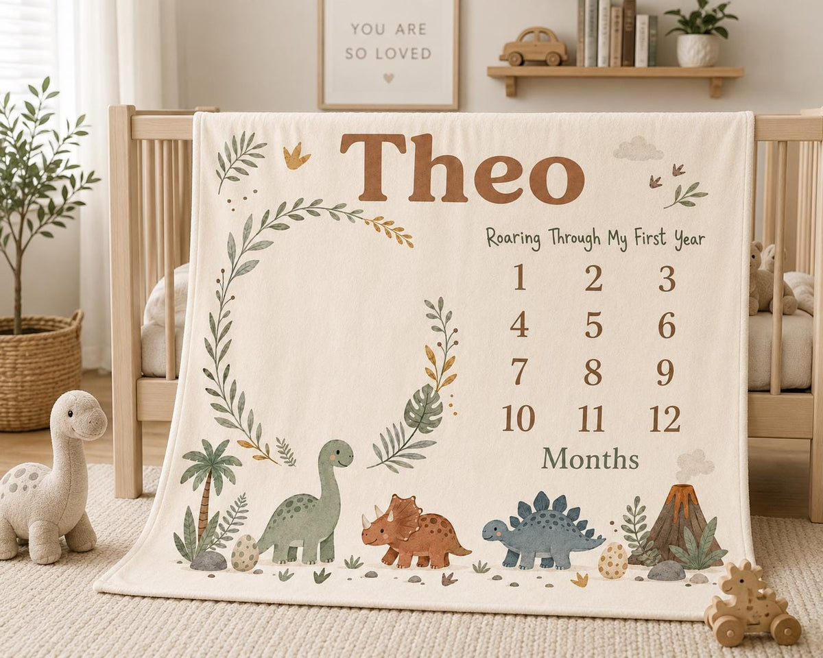 Personalized Dinosaur Milestone Blanket, Custom Baby Milestone Blanket, Dinosaur Baby Blanket, Monthly Milestone Photo Blanke