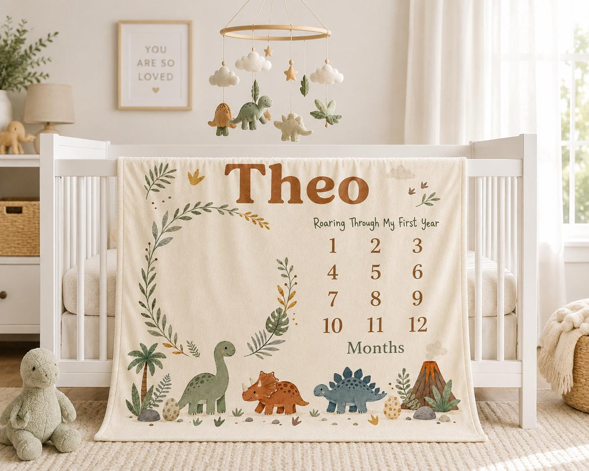 Personalized Dinosaur Milestone Blanket, Custom Baby Milestone Blanket, Dinosaur Baby Blanket, Monthly Milestone Photo Blanke