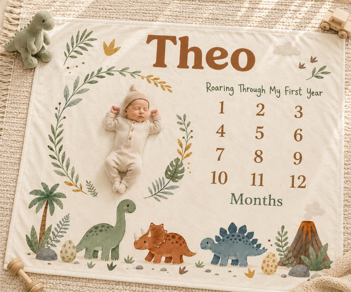 Personalized Dinosaur Milestone Blanket, Custom Baby Milestone Blanket, Dinosaur Baby Blanket, Monthly Milestone Photo Blanke