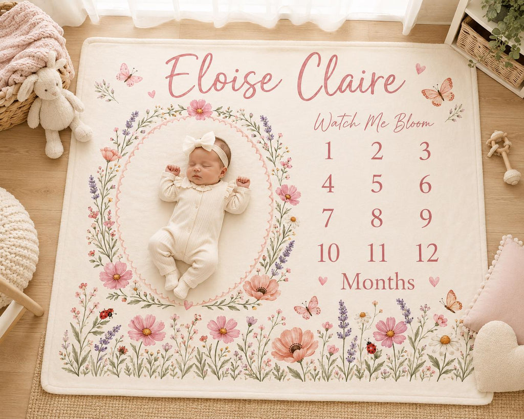 Personalized Floral Milestone Blanket, Custom Baby Girl Milestone Blanket, Wildflower Monthly Blanket, Baby Photo Blanket, Ba