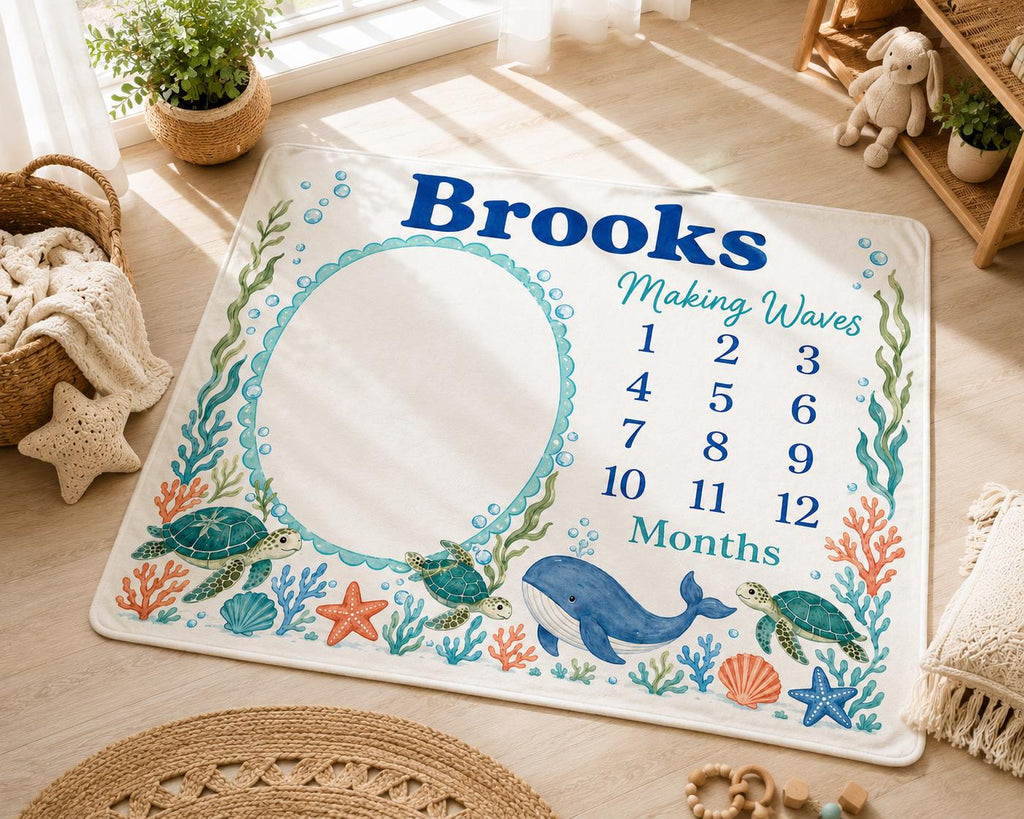 Personalized Ocean Milestone Blanket, Custom Sea Animal Baby Milestone Blanket, Whale & Turtle Monthly Blanket, Baby Photo Bl