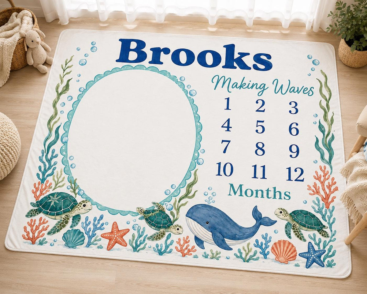 Personalized Ocean Milestone Blanket, Custom Sea Animal Baby Milestone Blanket, Whale & Turtle Monthly Blanket, Baby Photo Bl
