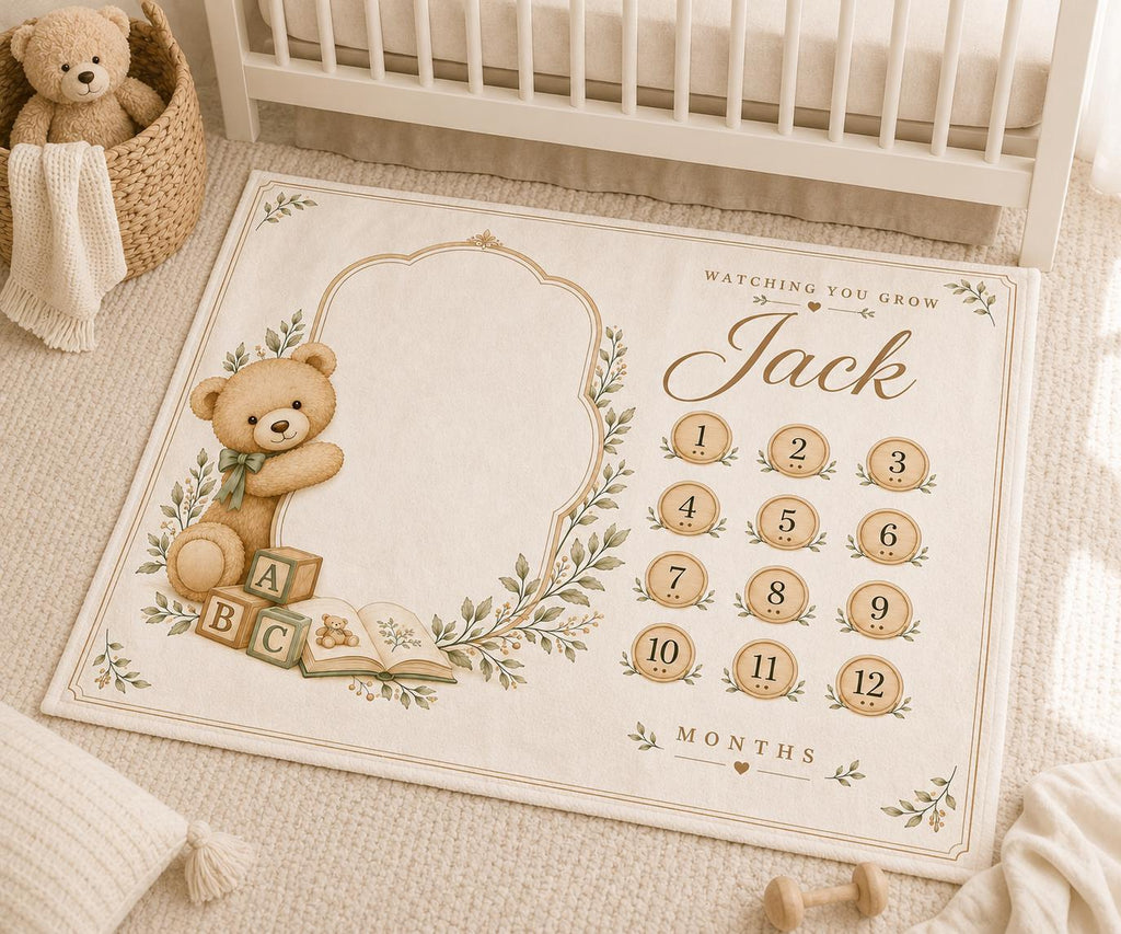 Personalized Teddy Bear Baby Milestone Blanket, Neutral Monthly Milestone Blanket, Custom Baby Name Blanket, Baby Boy First Y