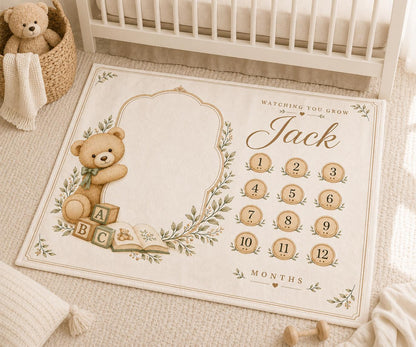 Personalized Teddy Bear Baby Milestone Blanket, Neutral Monthly Milestone Blanket, Custom Baby Name Blanket, Baby Boy First Y